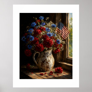 Patriottische bloemstilleven in een vintage kan poster