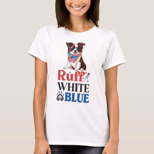 Patriottische Border Collie Ruff Wit & Blauw T-shirt (Voorkant)
