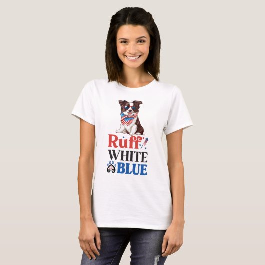 Patriottische Border Collie Ruff Wit & Blauw T-shirt (Voorkant volledig)