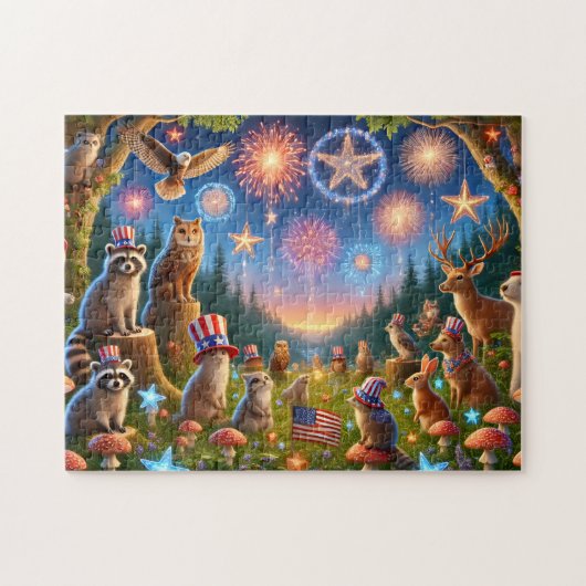 Patriottische bosdieren 4 juli vuurwerk legpuzzel (Horizontaal)