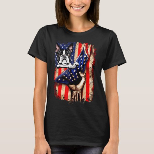 Patriottische Boston Terrier Amerikaanse vlag hond T-shirt (Voorkant)