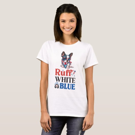 Patriottische Boston Terrier Ruff Wit & Blauw T-shirt (Voorkant volledig)