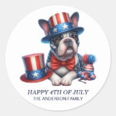 Patriottische Bulldog Top Hoed Rood Wit Blauw 4 ju Ronde Sticker (Voorkant)