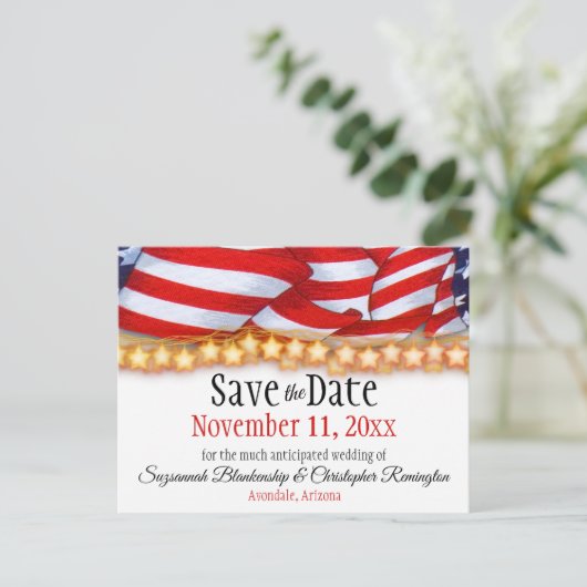 Patriottische Bunting en Stars Custom Save the Dat Aankondigingskaart (Staand voorkant)