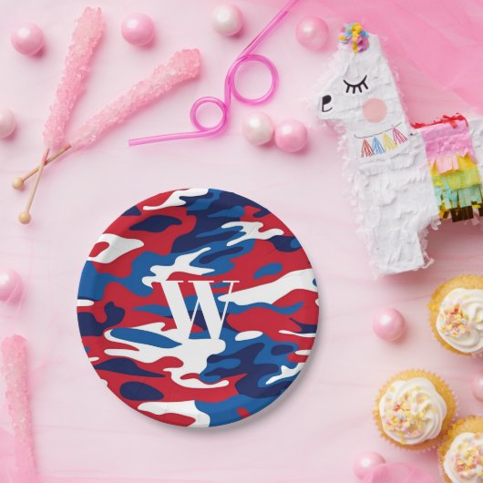 Patriottische Camouflage Monogram Rood Wit Blauw C Papieren Bordje (Feest)