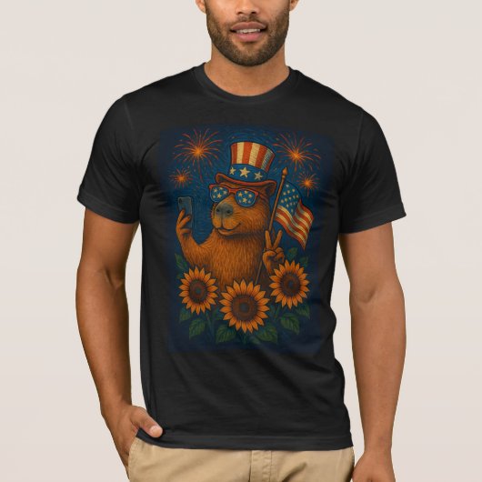 Patriottische Capybara 4 juli Vuurwerk Grappig Ver T-shirt (Voorkant)