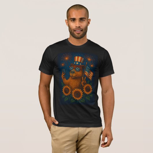 Patriottische Capybara 4 juli Vuurwerk Grappig Ver T-shirt (Voorkant volledig)