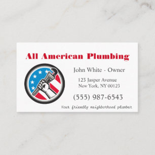 Patriottische Cartoon Plumber Man Plumbing Service Visitekaartje