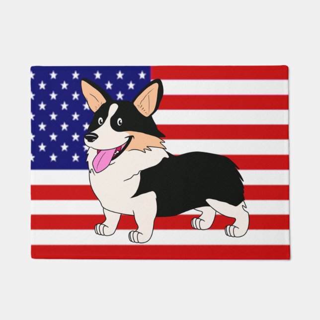 Patriottische Cartoon Welsh Corgi met vlag Deurmat (Voorkant)