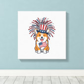 Patriottische Corgi-Vuurwerkhond Vectorontwerp_1 Canvas Afdruk (Insitu (Houten vloer))