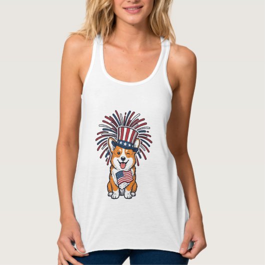 Patriottische Corgi-Vuurwerkhond Vectorontwerp_1 Tanktop (Voorkant)