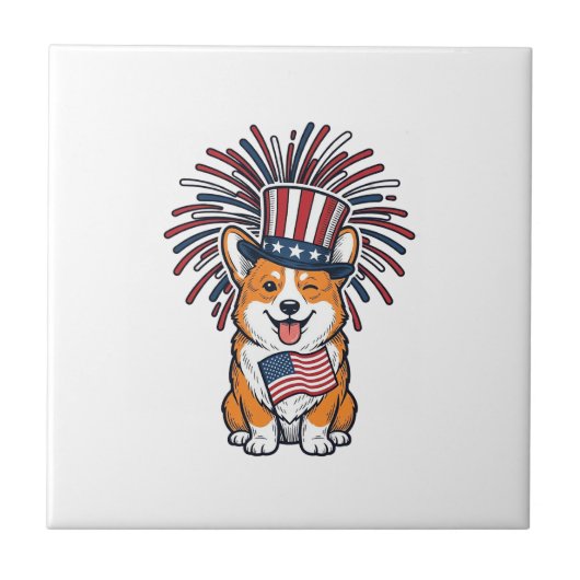 Patriottische Corgi-Vuurwerkhond Vectorontwerp_1 Tegeltje (Voorkant)