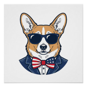 Patriottische Corgi-zonnebril Vintage Vector Kunst Perfect Poster