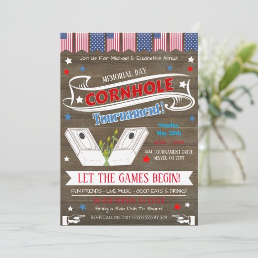 Patriottische Cornhole-feestuitnodiging Kaart (Staand voorkant)