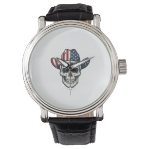 Patriottische Cowboy Schedel Vintage Gravure Shirt Horloge