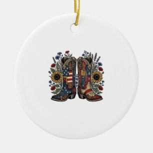 Patriottische Cowboylaarzen Zonnebloem Bloem Shirt Keramisch Ornament