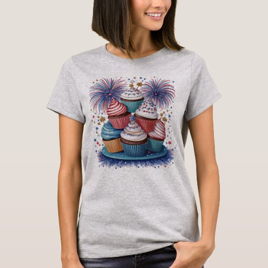 Patriottische Cupcake Vuurwerk Rood Wit & Blauw T-shirt (Voorkant)