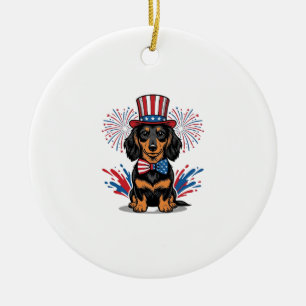 Patriottische Dachshund-Vuurwerk Vintage Vector Ku Keramisch Ornament
