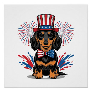 Patriottische Dachshund-Vuurwerk Vintage Vector Ku Perfect Poster