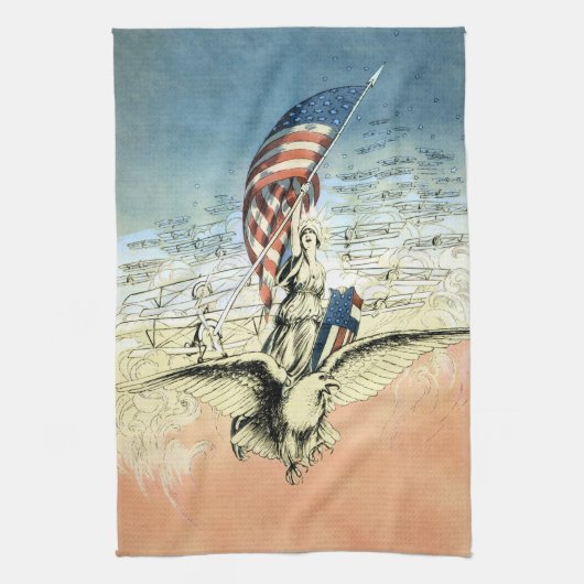 patriottische dame, Eagle met Amerikaanse vlag Theedoek (Verticaal)