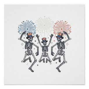Patriottische Dansende Skelet Vuurwerk Vintage T-s Perfect Poster