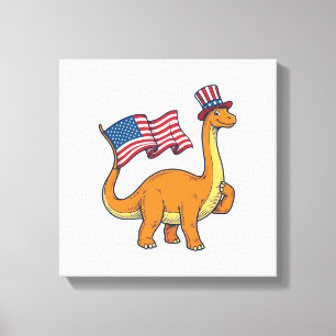 Patriottische Dinosaurus Vlag Vintage Gravure Shir Canvas Afdruk