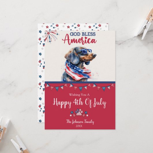 Patriottische Dog-Dachshund 4 juli Kaart (Voorkant / Achterkant in situ)