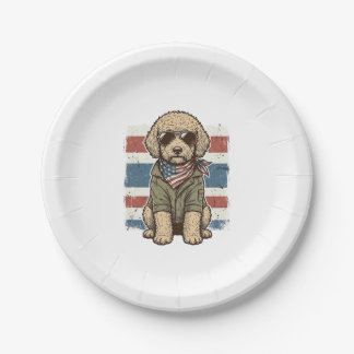 Patriottische Doodle Hond Vintage Gravure Shirt On Papieren Bordje