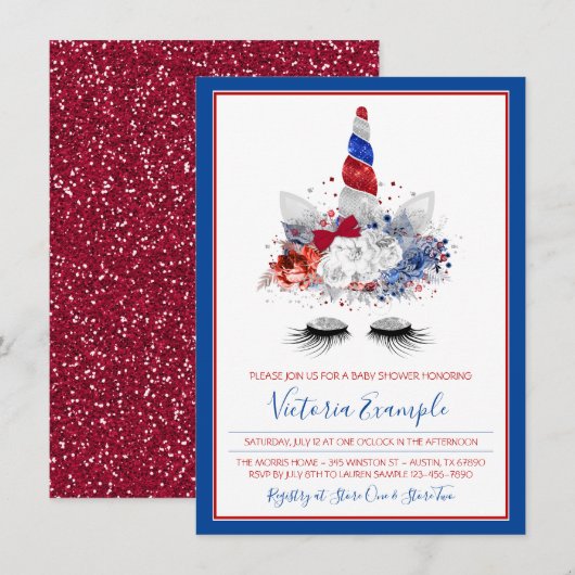 Patriottische Eenhoorn Rood Wit Blauw Baby shower Kaart (Voorkant / Achterkant)