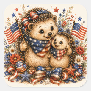 Patriottische Egel Moeder en Baby Watercolor Kunst Vierkante Sticker