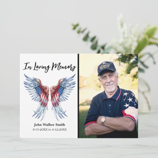 Patriottische engel vleugels foto militaire begraf bedankkaart (Staand voorkant)