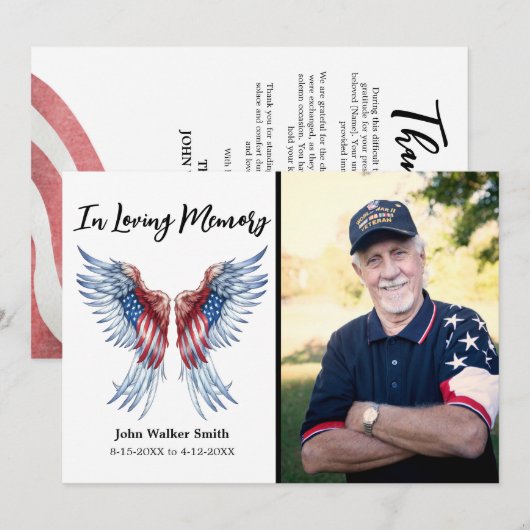 Patriottische engel vleugels foto militaire begraf bedankkaart (Voorkant / Achterkant)
