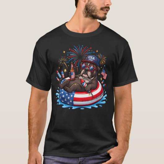 Patriottische Engelse Bulldog Bier Float USA Vlag T-shirt (Voorkant)