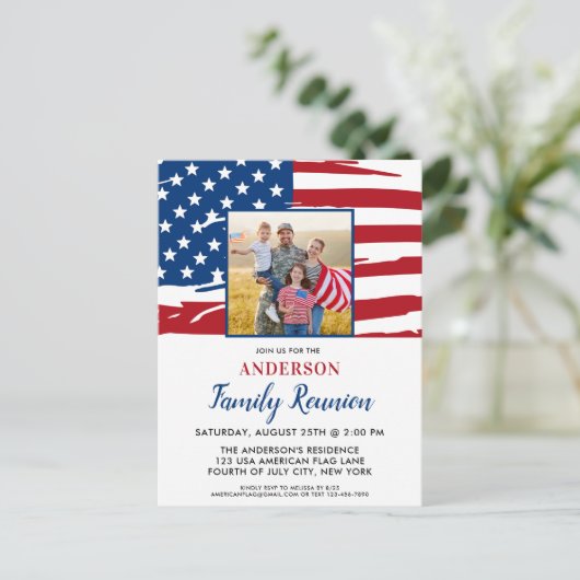 Patriottische familiereünie Amerikaanse vlag foto Uitnodiging Briefkaart (Staand voorkant)