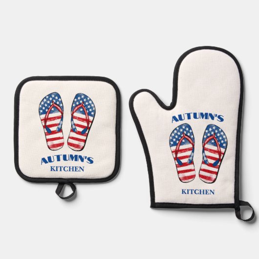 Patriottische Flip Flop Oven Mitt en Pothouders Ovenwant & Pannenlap Set (Voorkant)