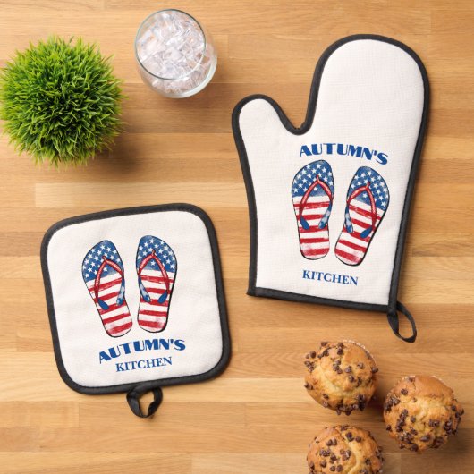 Patriottische Flip Flop Oven Mitt en Pothouders Ovenwant & Pannenlap Set (Top down)