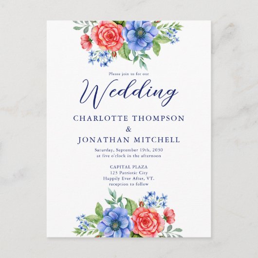 Patriottische Floral Blue White Weduwen Uitnodigin Briefkaart (Voorkant)