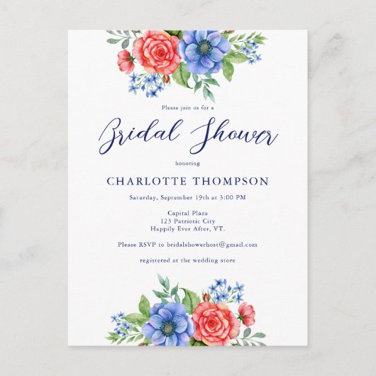 Patriottische Floral Red Blue Bridal Shower Briefkaart (Voorkant)