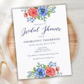 Patriottische Floral Red Blue Bridal Shower Briefkaart