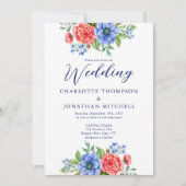 Patriottische Floral Red White Blue 4 juli bruilof Kaart (Voorkant)