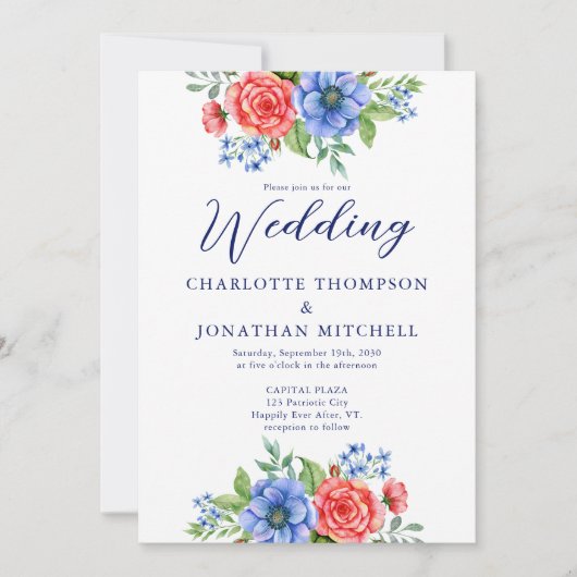 Patriottische Floral Red White Blue 4 juli bruilof Kaart (Voorkant)