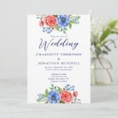 Patriottische Floral Red White Blue 4 juli bruilof Kaart (Staand voorkant)