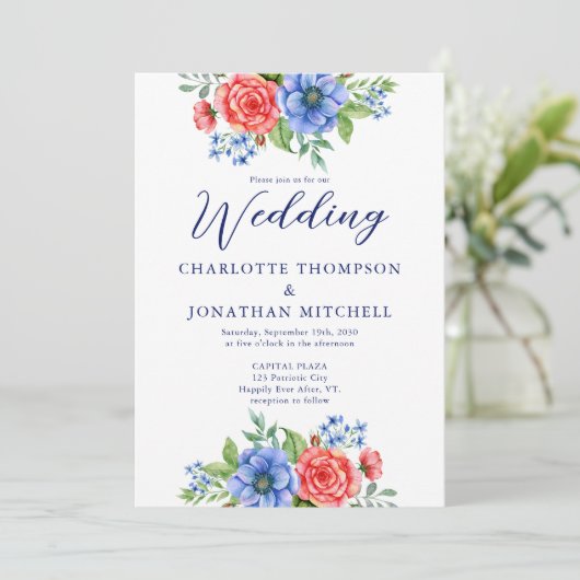 Patriottische Floral Red White Blue 4 juli bruilof Kaart (Staand voorkant)
