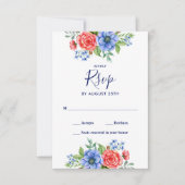 Patriottische Floral Red White Blue 4 juli bruilof RSVP Kaartje (Voorkant)