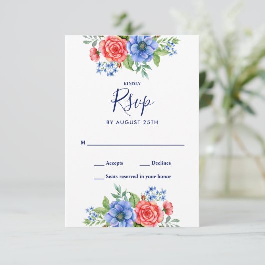 Patriottische Floral Red White Blue 4 juli bruilof RSVP Kaartje (Staand voorkant)