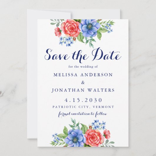 Patriottische Floral Red White Blue 4 juli bruilof Save The Date (Voorkant)