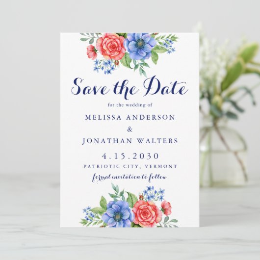 Patriottische Floral Red White Blue 4 juli bruilof Save The Date (Staand voorkant)