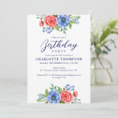 Patriottische Floral Red White Blue Birthday Party Kaart (Staand voorkant)