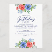Patriottische Floral Red White Blue Birthday Party Uitnodiging Briefkaart (Voorkant)