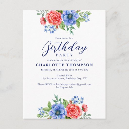 Patriottische Floral Red White Blue Birthday Party Uitnodiging Briefkaart (Voorkant)